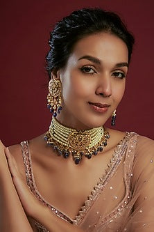 Gold Plated Kundan Polki & Blue Beaded Choker Necklace Set