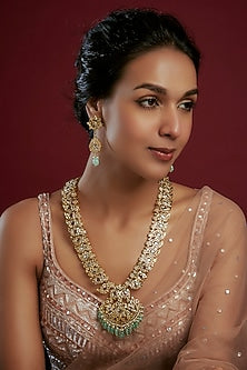 Gold Plated Kundan Polki & Green Beaded Long Necklace Set