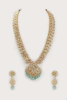 Gold Plated Kundan Polki & Green Beaded Long Necklace Set