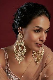 Gold Plated Kundan Polki & Pearl Chandbaali Earrings