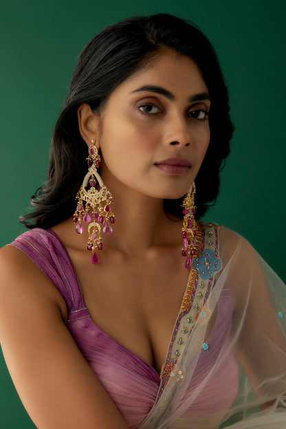 Gold Plated Kundan Polki & Red Onyx Chandbali Earrings