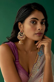 Gold Plated Kundan Polki & Red Onyx Chandbali Earrings