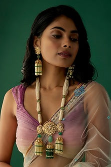 Gold Plated Kundan Polki & Green Beaded Long Necklace Set