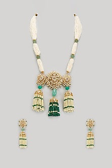 Gold Plated Kundan Polki & Green Beaded Long Necklace Set