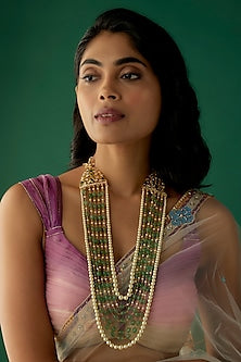 Gold Plated Kundan Polki & Green Beaded Long Necklace