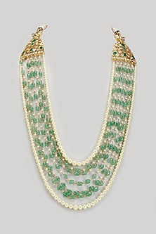 Gold Plated Kundan Polki & Green Beaded Long Necklace