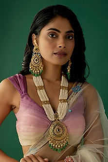 Gold Plated Kundan Polki & Green Beaded Long Necklace Set
