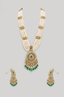 Gold Plated Kundan Polki & Green Beaded Long Necklace Set