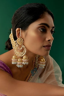 Gold Plated Kundan Polki & Pink Onyx Chandbali Earrings