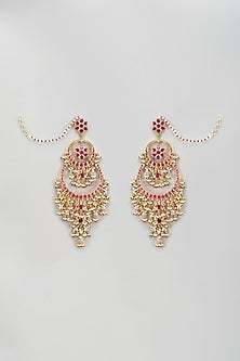 Gold Plated Kundan Polki & Red Onyx Chandbali Earrings