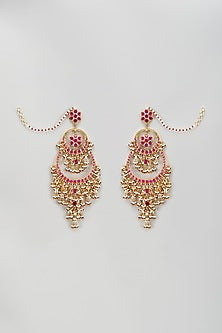 Gold Plated Kundan Polki & Red Onyx Chandbali Earrings