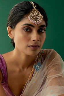 Gold Plated Kundan Polki & Pink Onyx Maangtikka