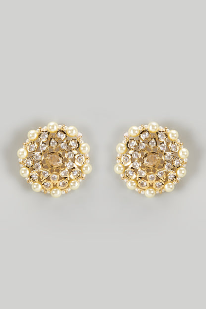 Gold Plated Kundan Polki & Pearl Stud Earrings
