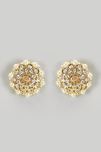 Gold Plated Kundan Polki & Pearl Stud Earrings