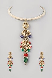 Gold Plated Navratan Choker Necklace Set