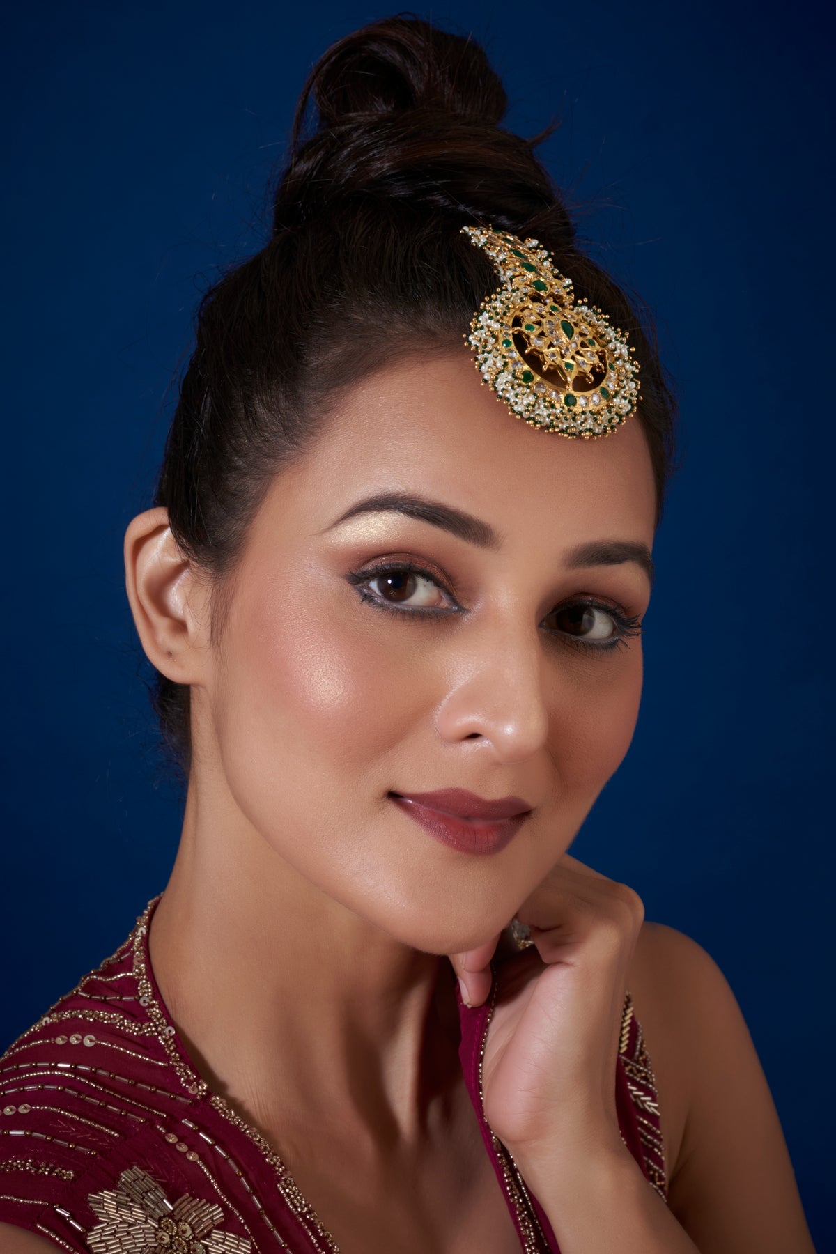 Gold Plated Kundan & Onyx Stones Maangtikka