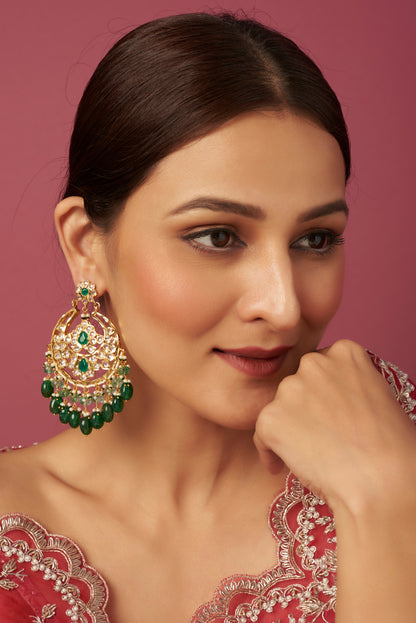 Gold Plated Kundan & Onyx Chandbali Earrings