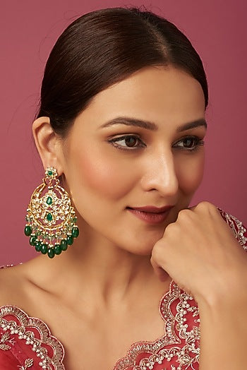 Gold Plated Kundan & Onyx Chandbali Earrings
