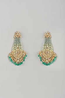 Gold Plated Kundan Polki & Green Onyx Chandbali Earrings