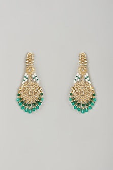 Gold Plated Kundan Polki & Green Onyx Chandbali Earrings