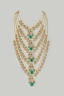 Gold Plated Kundan Polki & Green Beaded Long Necklace