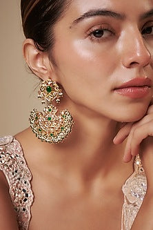 Gold Plated Kundan Polki & Green Quartz Chandbali Earrings