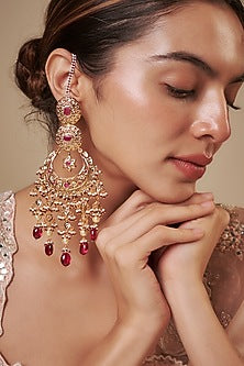 Gold Plated Kundan Polki & Red Stone Chandbali Earrings