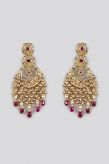 Gold Plated Kundan Polki & Red Stone Chandbali Earrings