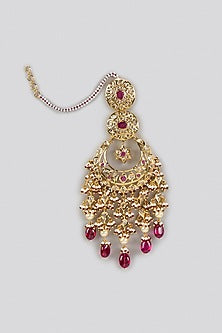 Gold Plated Kundan Polki & Red Stone Chandbali Earrings