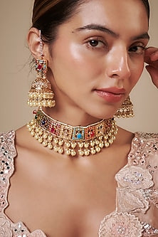 Gold Plated Multi-Colored Stone & Pearl Choker Necklace Set