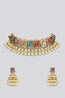 Gold Plated Multi-Colored Stone & Pearl Choker Necklace Set