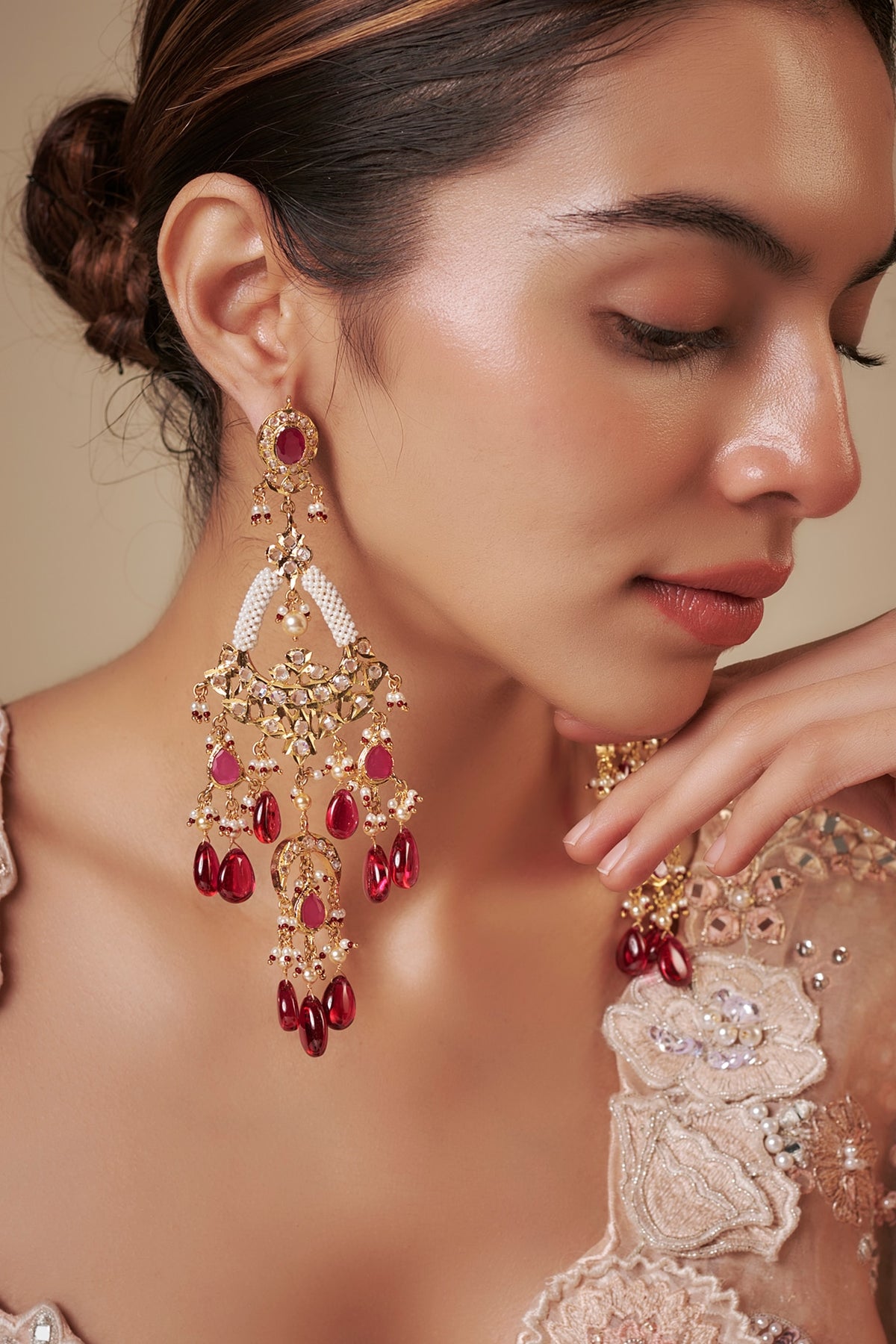 Gold Plated Kundan Polki & Pearl Chandbali Earrings