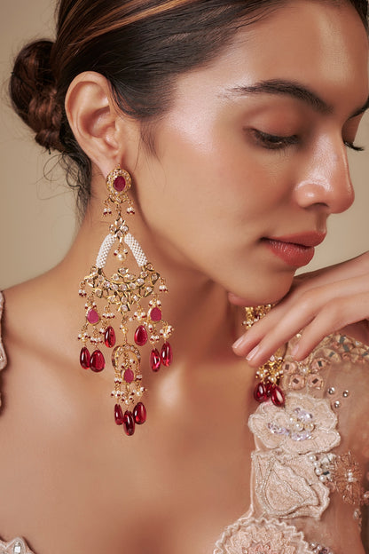 Gold Plated Kundan Polki & Pearl Chandbali Earrings