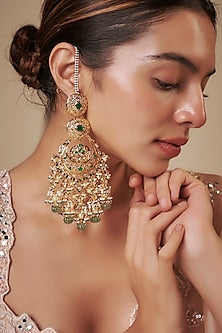 Gold Plated Kundan Polki & Green Stone Chandbali Earrings