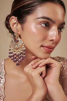 Gold Plated Kundan Polki & Purple Onyx Chandbali Earrings