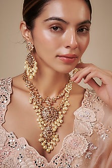 Gold Plated Kundan Polki & Beaded Drop Layered Necklace Set