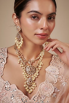 Gold Plated Kundan Polki & Beaded Drop Layered Necklace Set