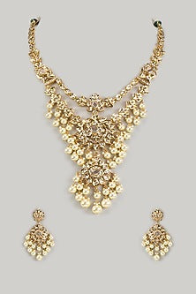 Gold Plated Kundan Polki & Beaded Drop Layered Necklace Set