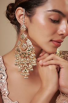 Gold Plated Kundan Polki & Green Stone Chandbali Earrings
