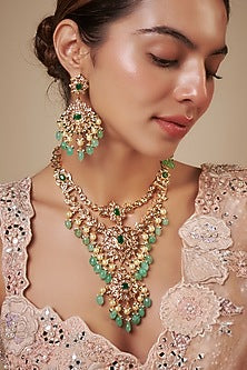 Gold Plated Kundan Polki & Green Beaded Drop Layered Necklace Set