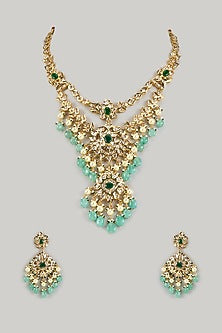 Gold Plated Kundan Polki & Green Beaded Drop Layered Necklace Set