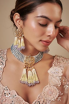 Gold Plated Kundan Polki & Blue Onyx Necklace Set
