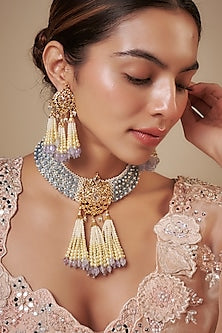 Gold Plated Kundan Polki & Blue Onyx Necklace Set