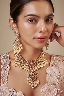 Gold Plated Kundan Polki & White Pearl Necklace Set