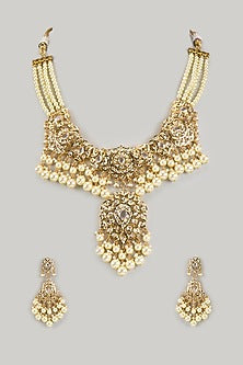Gold Plated Kundan Polki & White Pearl Necklace Set