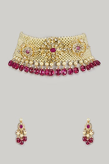 Gold Plated Kundan Polki & Red Beaded Choker Necklace Set