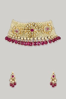 Gold Plated Kundan Polki & Red Beaded Choker Necklace Set
