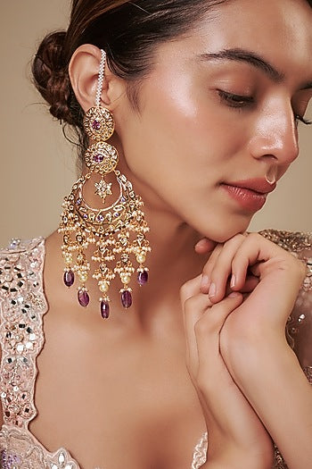 Gold Plated Kundan Polki & Purple Stone Chandbali Earrings