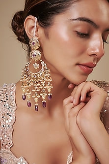 Gold Plated Kundan Polki & Purple Stone Chandbali Earrings