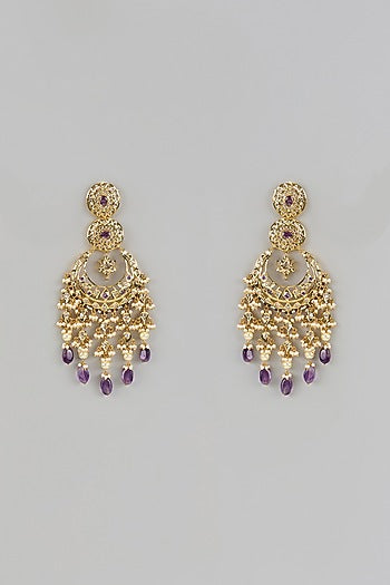 Gold Plated Kundan Polki & Purple Stone Chandbali Earrings